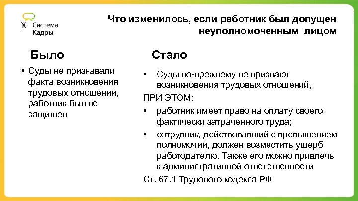 Что изменилось, если работник был допущен неуполномоченным лицом Было • Суды не признавали факта