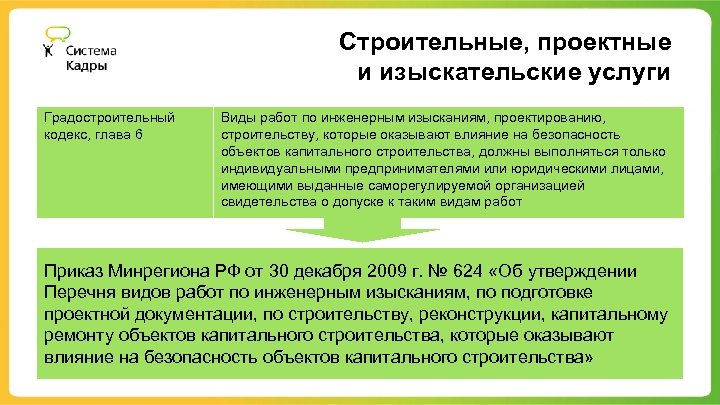 Строительные, проектные и изыскательские услуги Градостроительный кодекс, глава 6 Виды работ по инженерным изысканиям,