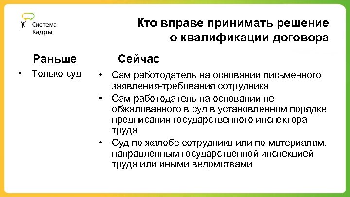 Кто вправе принимать решение о квалификации договора Раньше • Только суд Сейчас • Сам