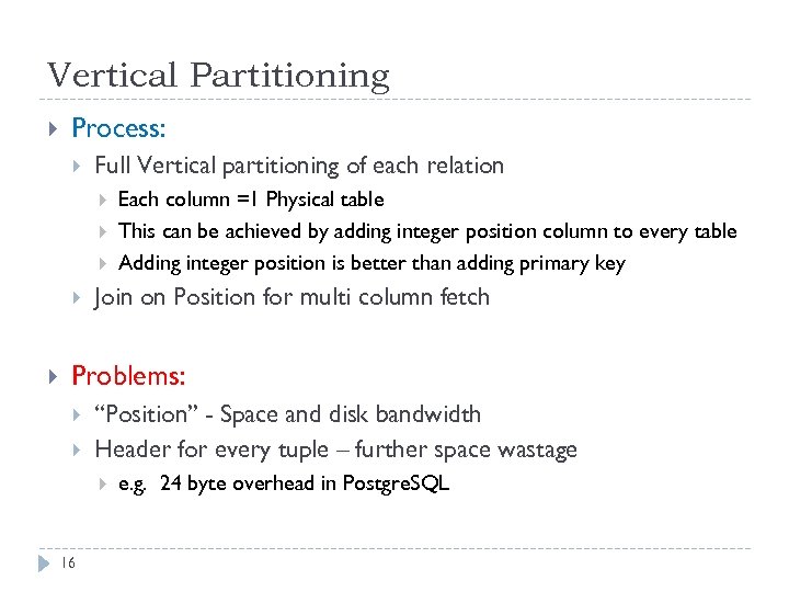 Vertical Partitioning Process: Full Vertical partitioning of each relation Each column =1 Physical table