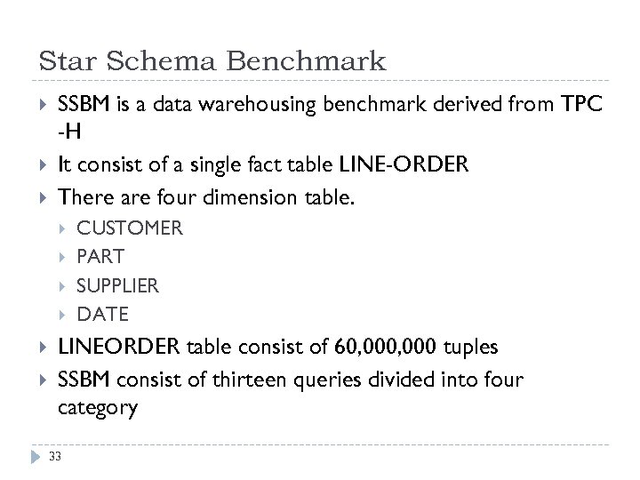Star Schema Benchmark SSBM is a data warehousing benchmark derived from TPC -H It