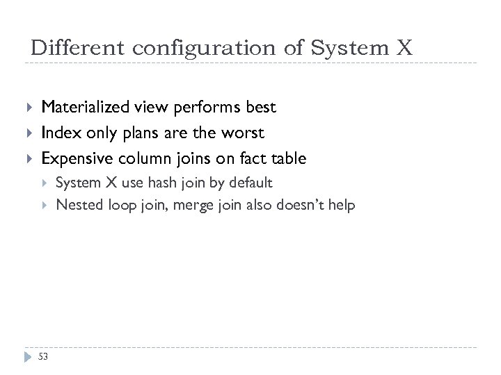 Different configuration of System X Materialized view performs best Index only plans are the