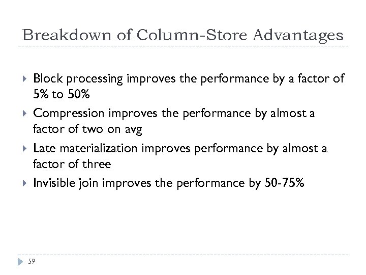 Breakdown of Column-Store Advantages Block processing improves the performance by a factor of 5%
