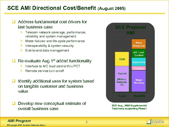 SCE AMI Directional Cost/Benefit (August 2005) q Address fundamental cost drivers for last business