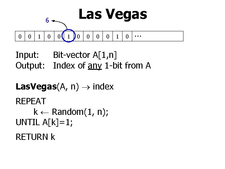 Las Vegas 6 0 0 1 0 … Input: Bit-vector A[1, n] Output: Index