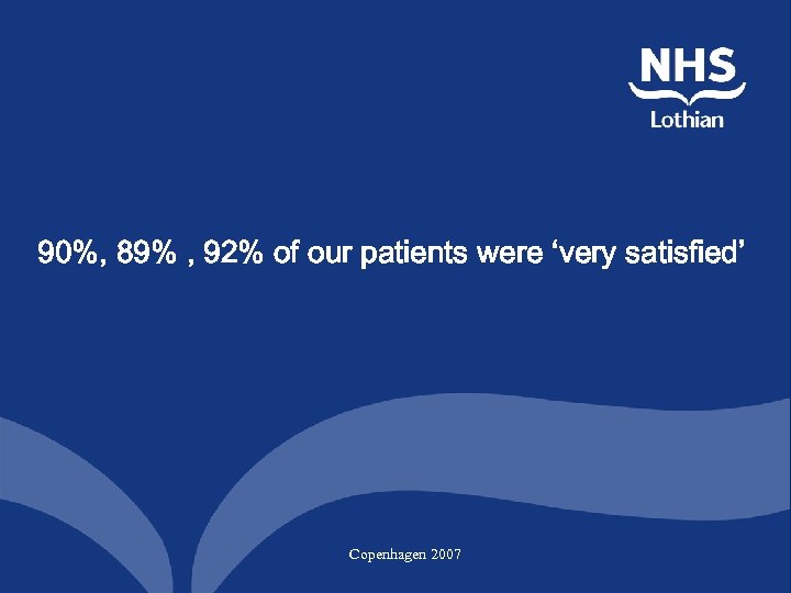 90%, 89% , 92% of our patients were ‘very satisfied’ Copenhagen 2007 