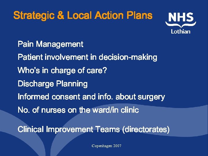 Strategic & Local Action Plans Pain Management Patient involvement in decision-making Who’s in charge