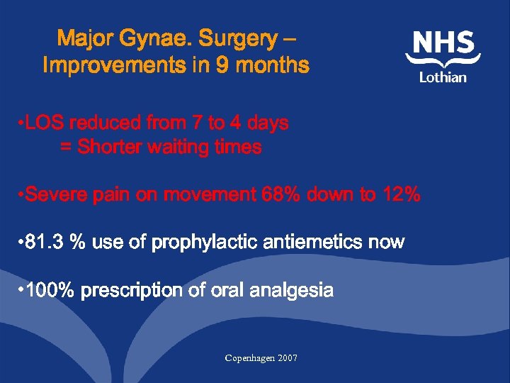 Major Gynae. Surgery – Improvements in 9 months • LOS reduced from 7 to