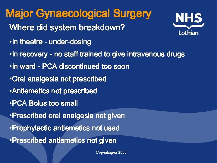 Major Gynaecological Surgery Where did system breakdown? • In theatre - under-dosing • In