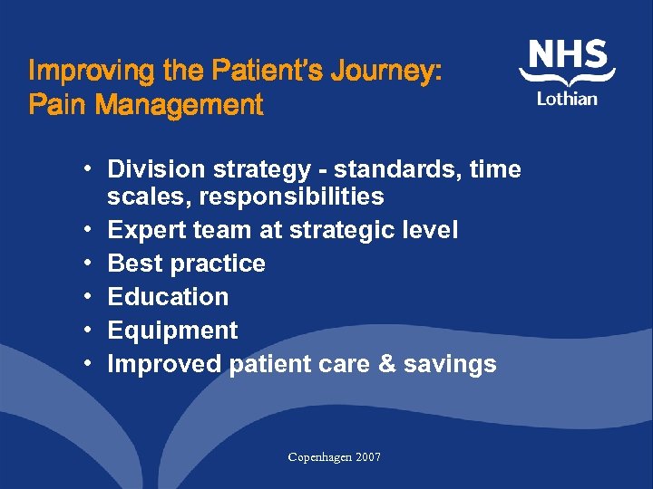 Improving the Patient’s Journey: Pain Management • Division strategy - standards, time scales, responsibilities