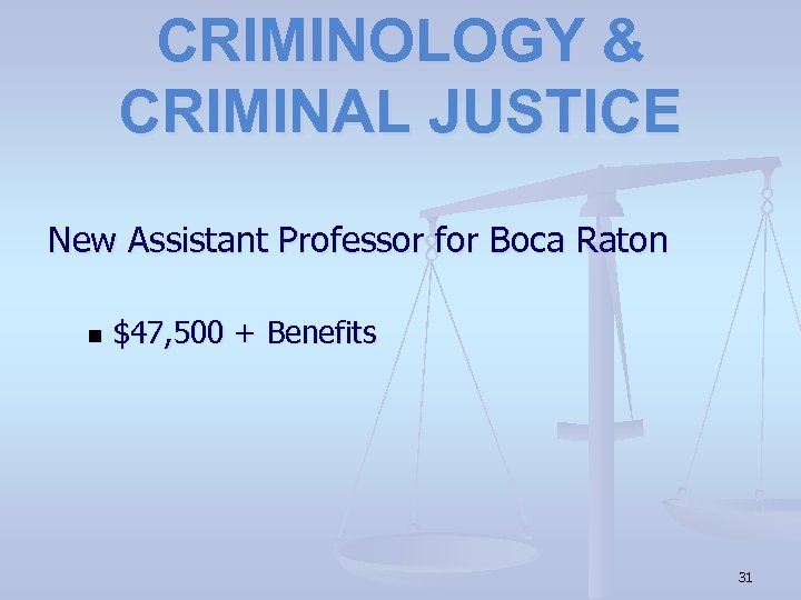 CRIMINOLOGY & CRIMINAL JUSTICE New Assistant Professor for Boca Raton n $47, 500 +