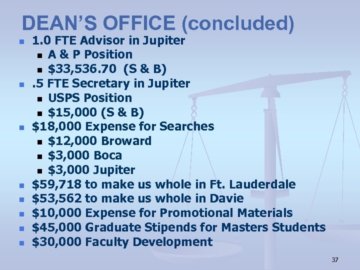 DEAN’S OFFICE (concluded) n n n n 1. 0 FTE Advisor in Jupiter n