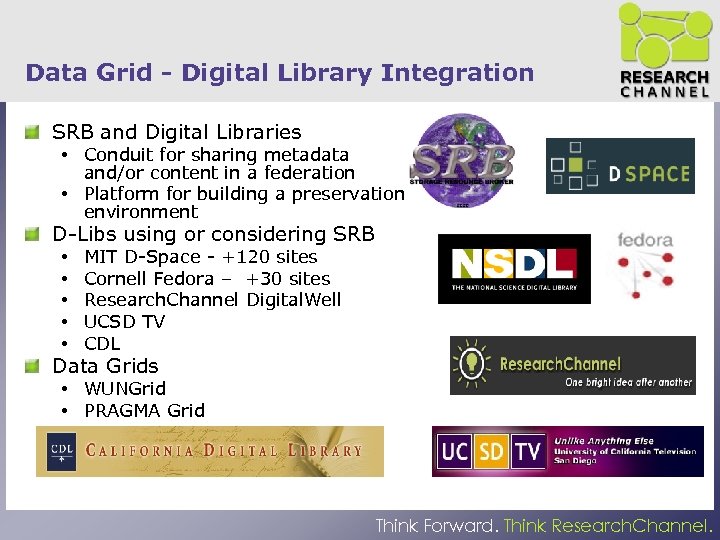 Data Grid - Digital Library Integration SRB and Digital Libraries • Conduit for sharing