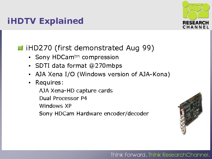 i. HDTV Explained i. HD 270 (first demonstrated Aug 99) • • Sony HDCamtm