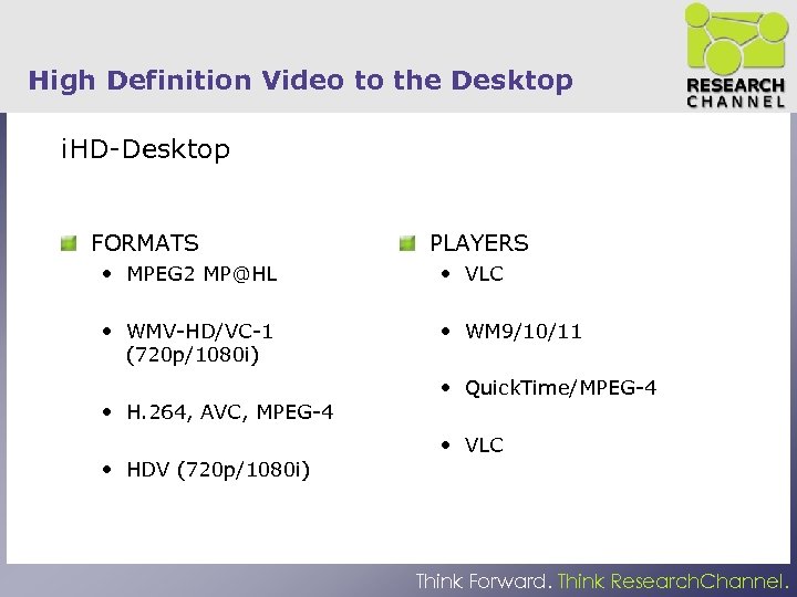 High Definition Video to the Desktop i. HD-Desktop FORMATS PLAYERS • MPEG 2 MP@HL