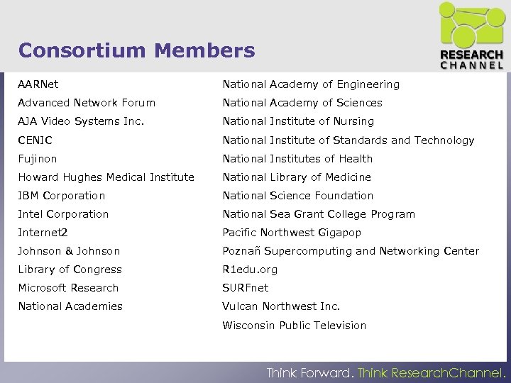 Consortium Members AARNet National Academy of Engineering Advanced Network Forum National Academy of Sciences