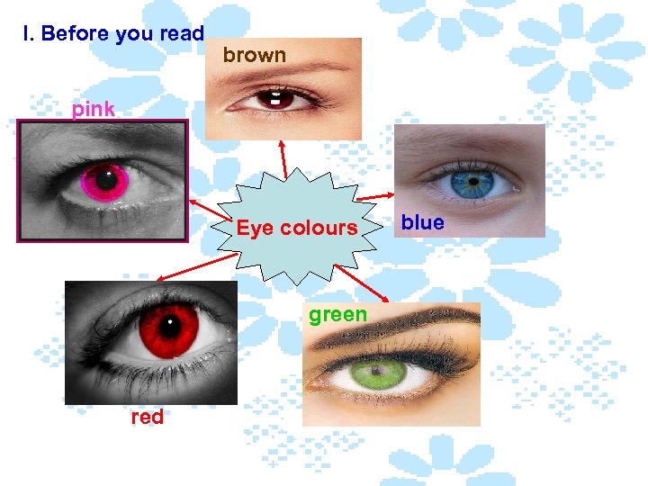 I. Before you read brown pink Eye colours green red blue 