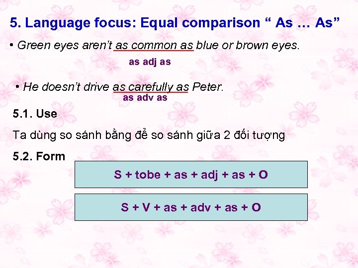 5. Language focus: Equal comparison “ As … As” • Green eyes aren’t as