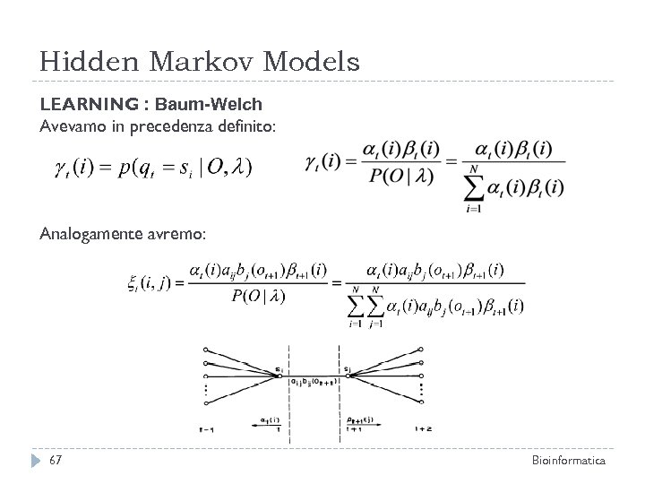 Hidden Markov Models LEARNING : Baum-Welch Avevamo in precedenza definito: Analogamente avremo: 67 Bioinformatica