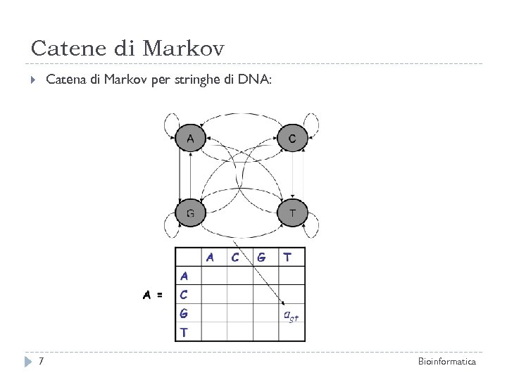 Catene di Markov Catena di Markov per stringhe di DNA: 7 Bioinformatica 