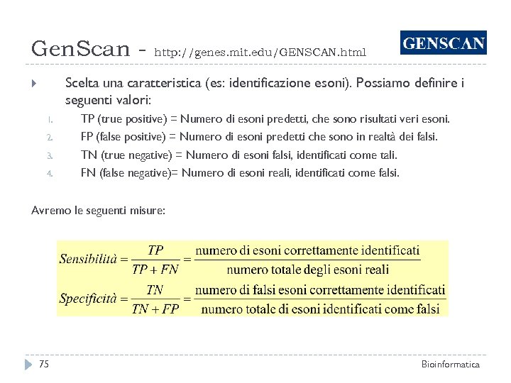 Gen. Scan - http: //genes. mit. edu/GENSCAN. html Scelta una caratteristica (es: identificazione esoni).