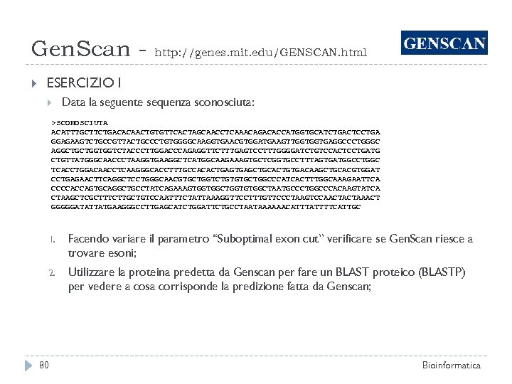 Gen. Scan http: //genes. mit. edu/GENSCAN. html ESERCIZIO I Data la seguente sequenza sconosciuta: