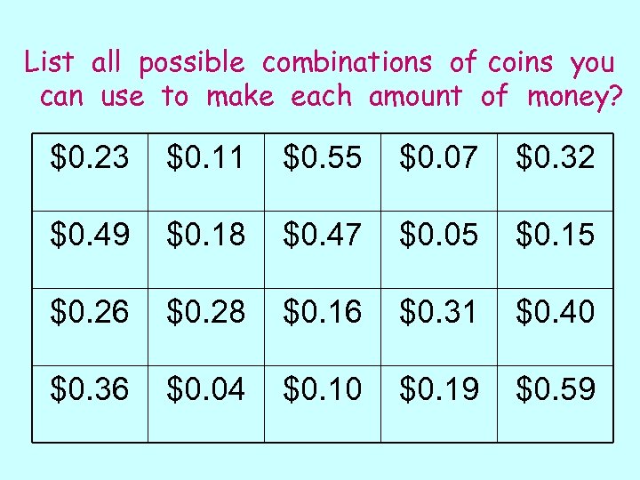 List all possible combinations of coins you can use to make each amount of