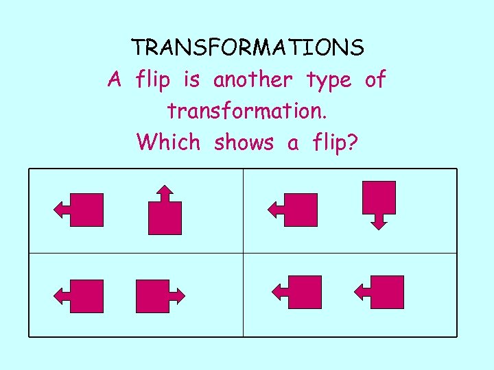 TRANSFORMATIONS A flip is another type of transformation. Which shows a flip? 