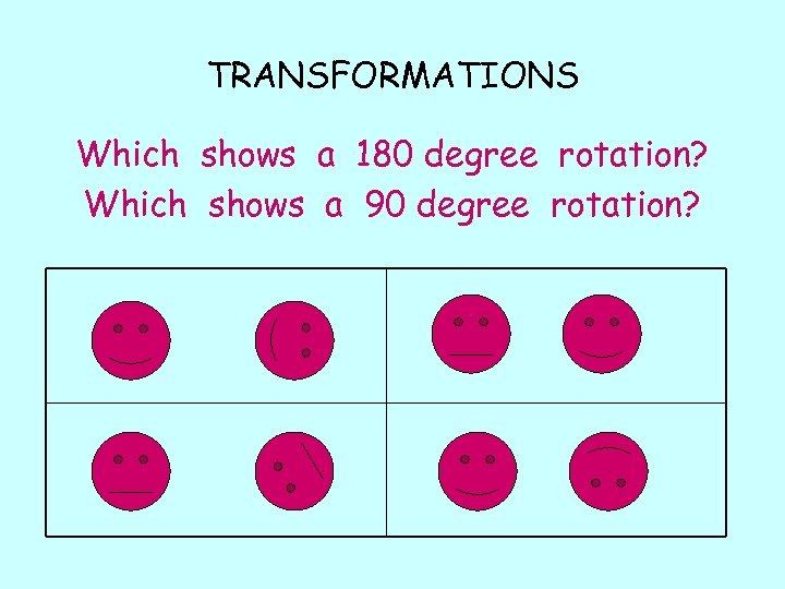 TRANSFORMATIONS Which shows a 180 degree rotation? Which shows a 90 degree rotation? 
