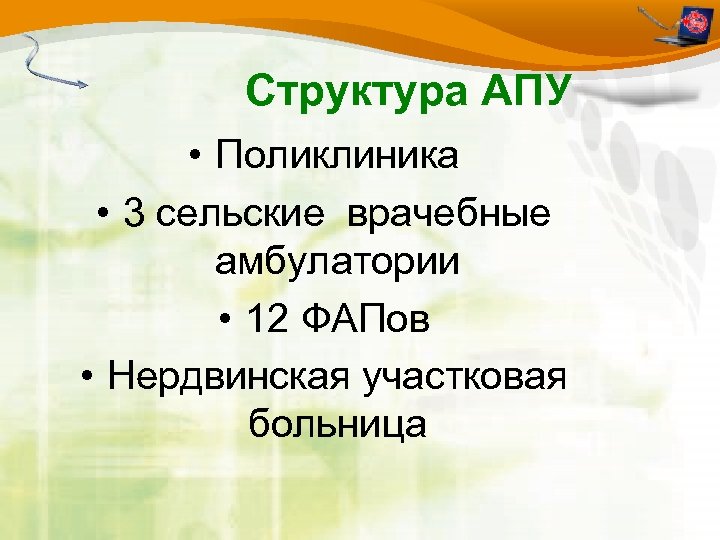Структура АПУ • Поликлиника • 3 сельские врачебные амбулатории • 12 ФАПов • Нердвинская