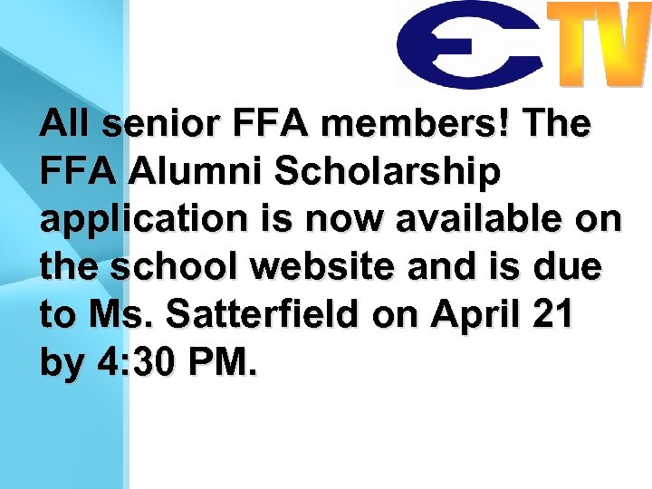 All senior FFA members! The FFA Alumni Scholarship application is now available on the