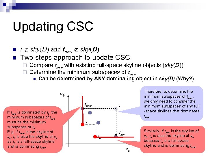 Updating CSC n n t sky(D) and tnew sky(D) Two steps approach to update