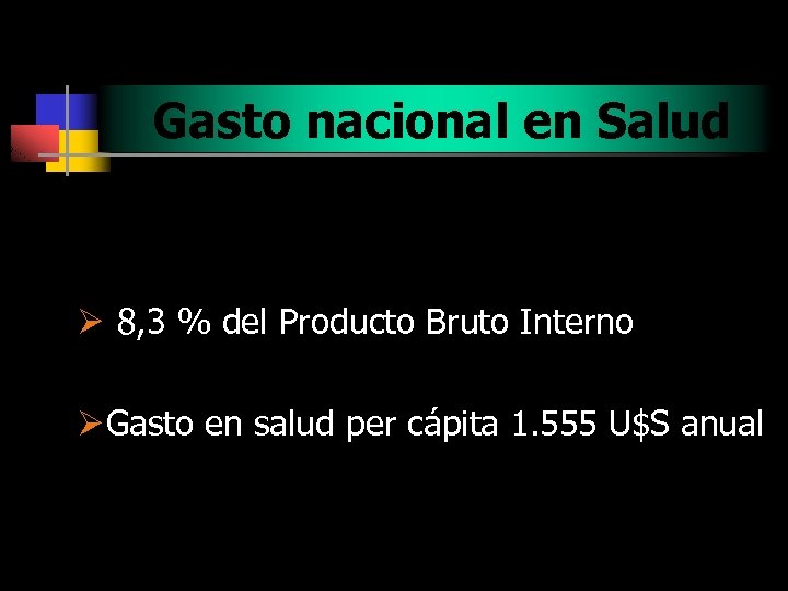 Gasto nacional en Salud Ø 8, 3 % del Producto Bruto Interno Ø Gasto