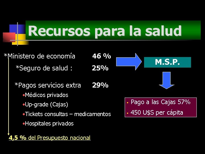 Recursos para la salud *Ministero de economía 46 % *Seguro de salud : 25%