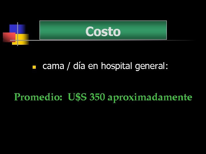 Costo n cama / día en hospital general: Promedio: U$S 350 aproximadamente 