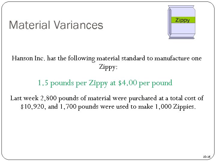 Material Variances Zippy Hanson Inc. has the following material standard to manufacture one Zippy: