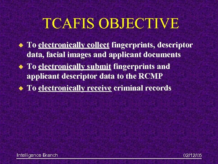 TCAFIS OBJECTIVE u u u To electronically collect fingerprints, descriptor data, facial images and