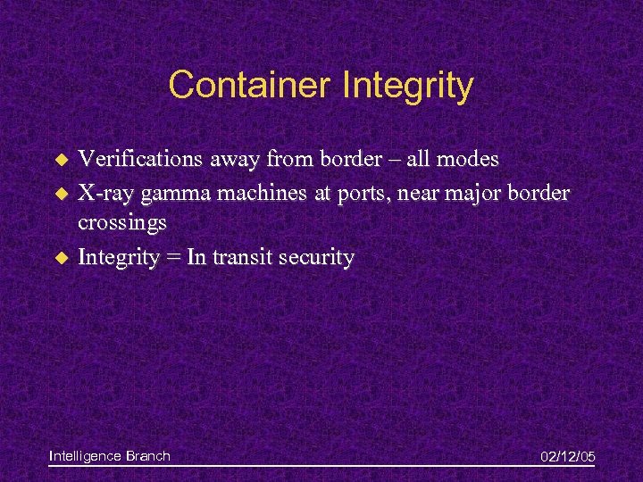 Container Integrity u u u Verifications away from border – all modes X-ray gamma