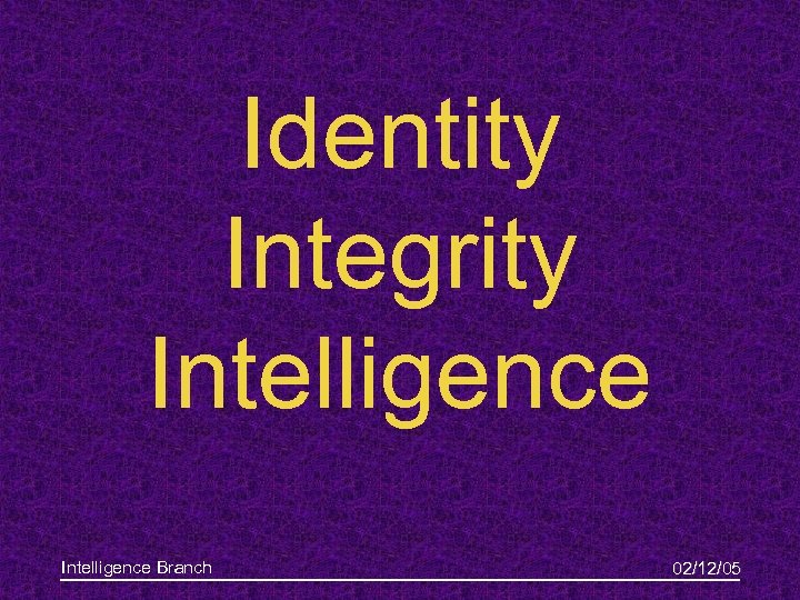 Identity Integrity Intelligence Branch 02/12/05 