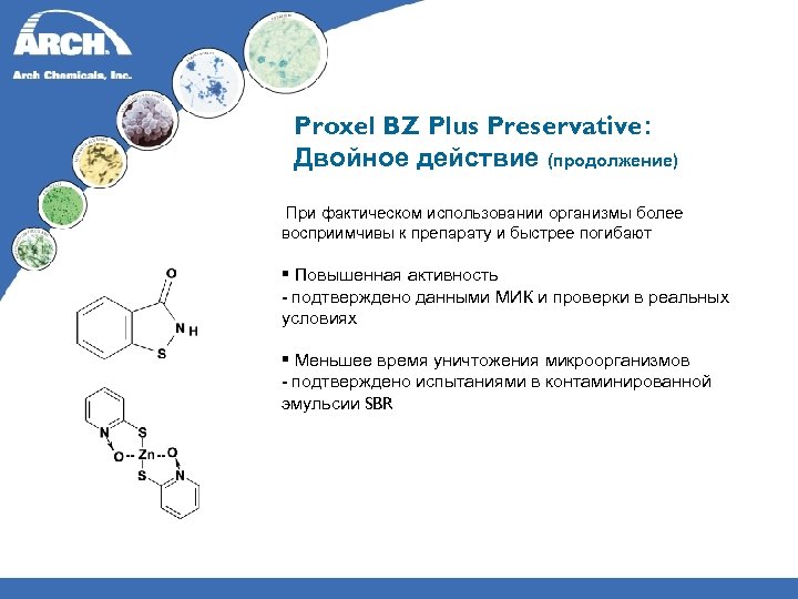 Proxel BZ Plus Preservative: Двойное действие (продолжение) При фактическом использовании организмы более восприимчивы к