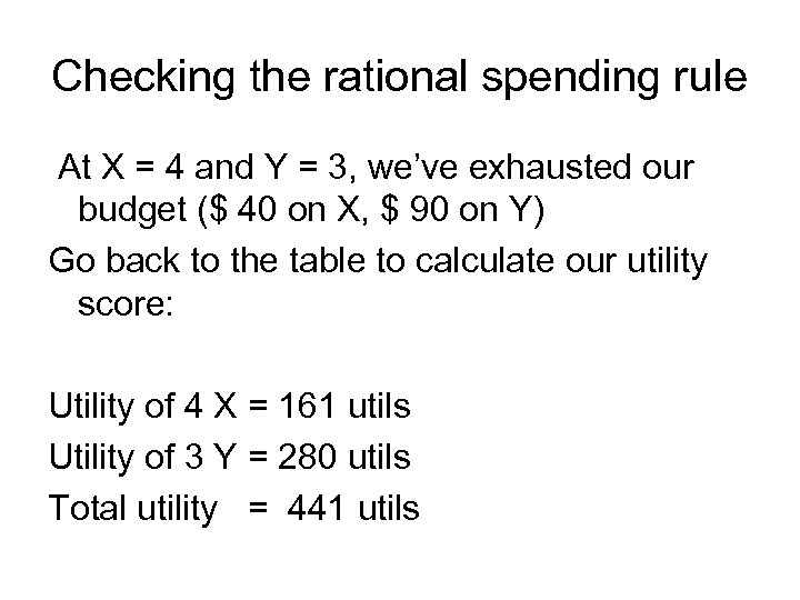 Checking the rational spending rule At X = 4 and Y = 3, we’ve
