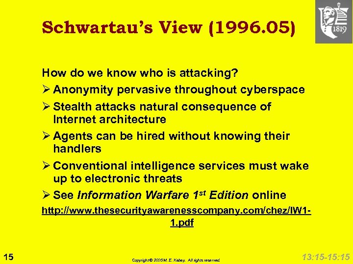 Schwartau’s View (1996. 05) How do we know who is attacking? Ø Anonymity pervasive
