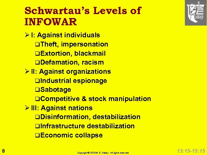 Schwartau’s Levels of INFOWAR Ø I: Against individuals q. Theft, impersonation q. Extortion, blackmail