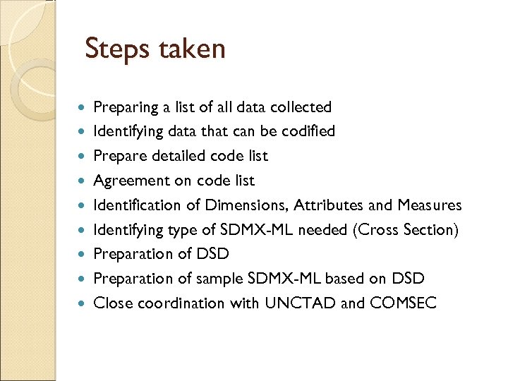 Steps taken Preparing a list of all data collected Identifying data that can be