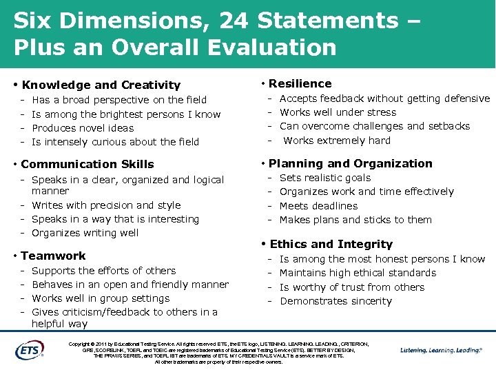 Six Dimensions, 24 Statements – Plus an Overall Evaluation • Knowledge and Creativity -