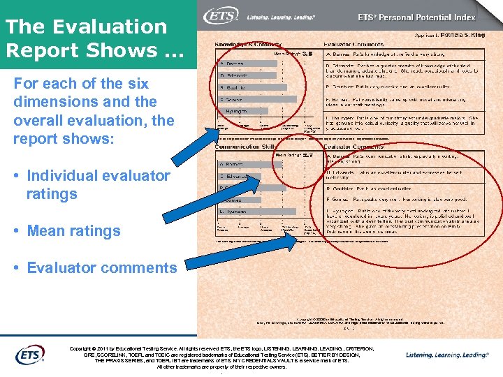 The Evaluation Report Shows … For each of the six dimensions and the overall