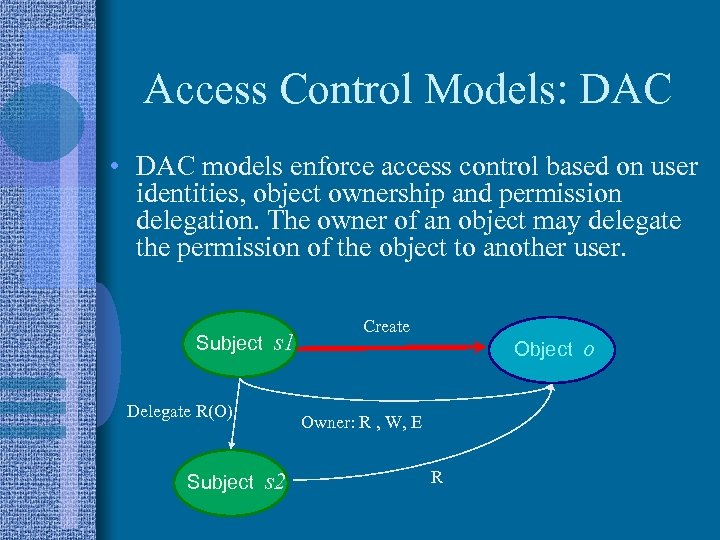 Access Control Models: DAC • DAC models enforce access control based on user identities,