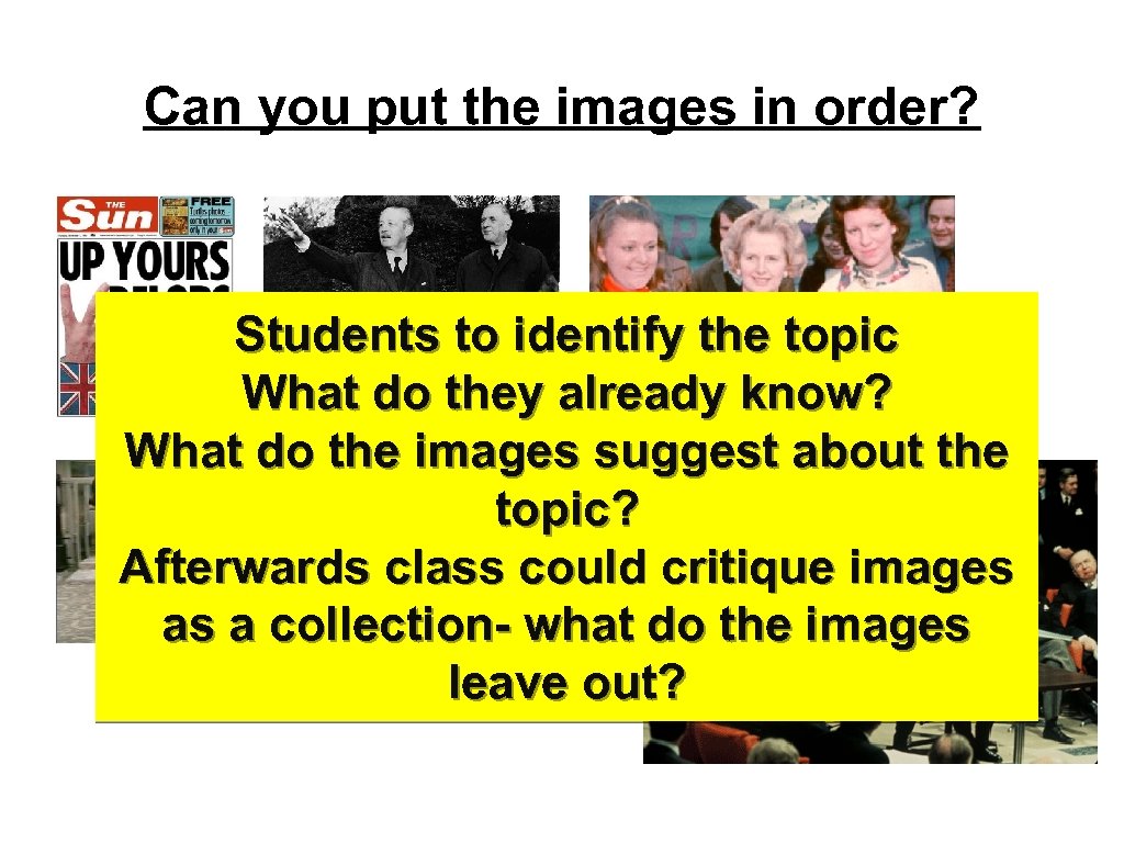 Can you put the images in order? Students to identify the topic What do