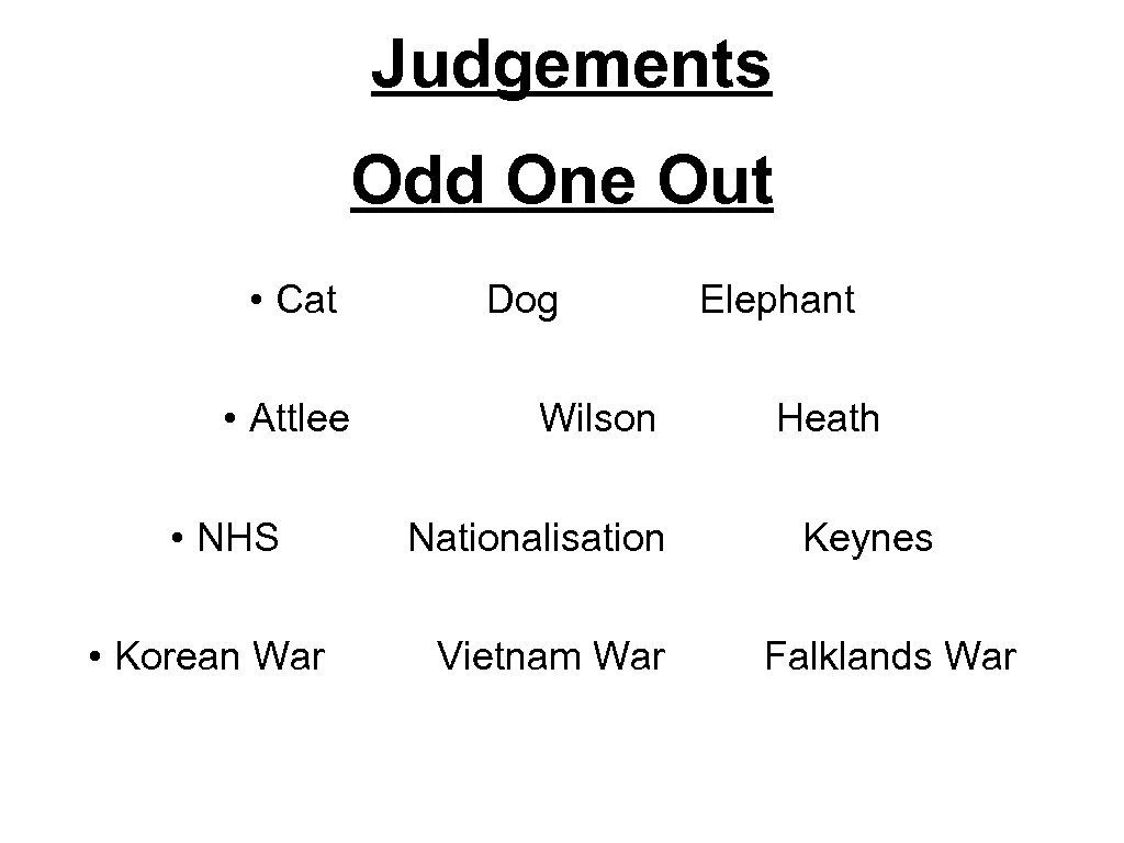 Judgements Odd One Out • Cat • Attlee • NHS • Korean War Dog