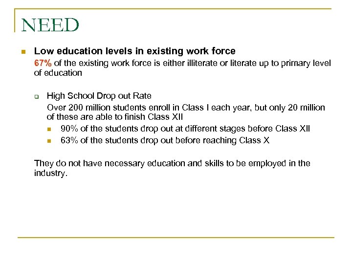 NEED n Low education levels in existing work force 67% of the existing work